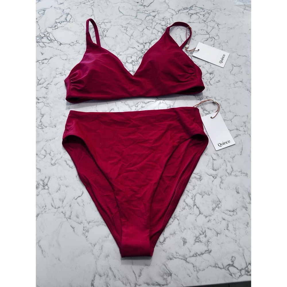 NWT Quince Cherry Red Italian V Neck Bikini Top & High Rise High Leg Bottom Set